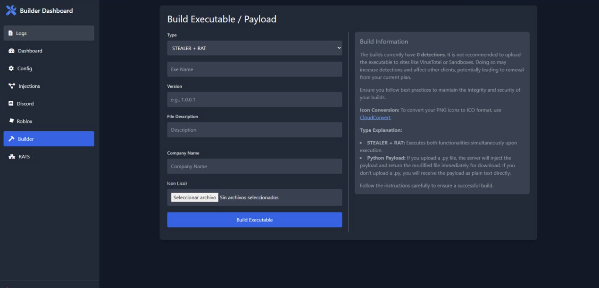 Malware builder interface