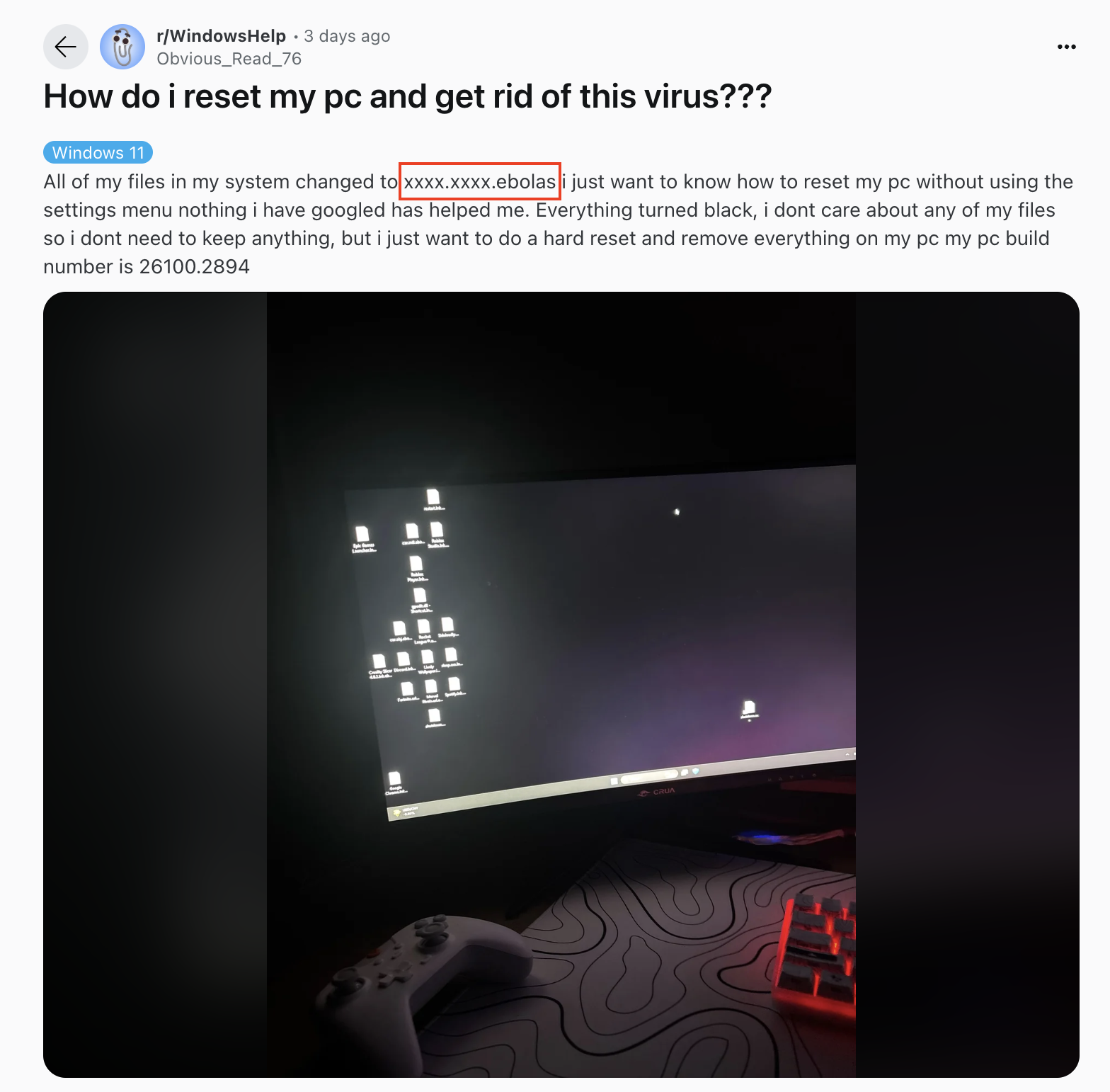 Reddit post showing Ebolas infection
