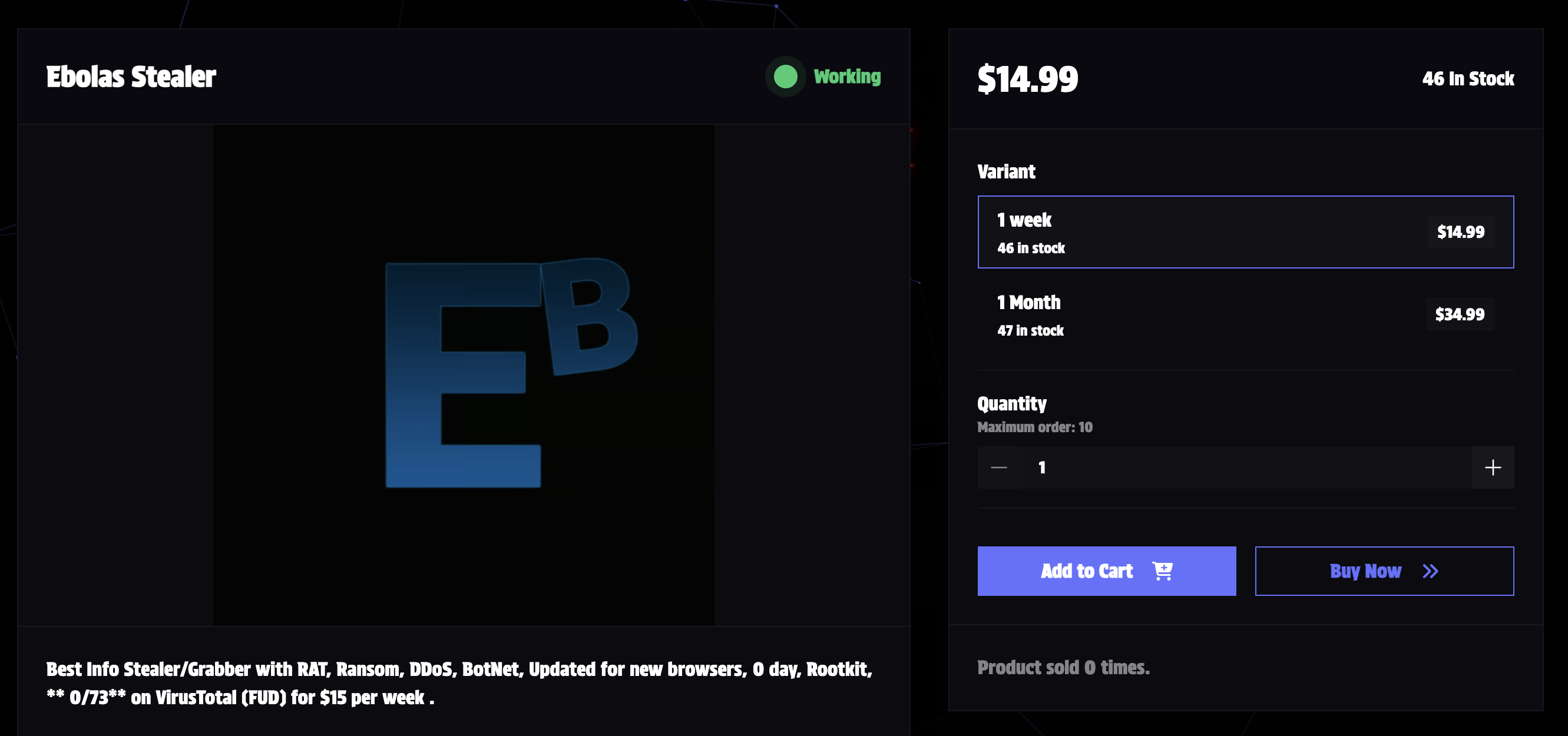 Ebolas Stealer malware interface